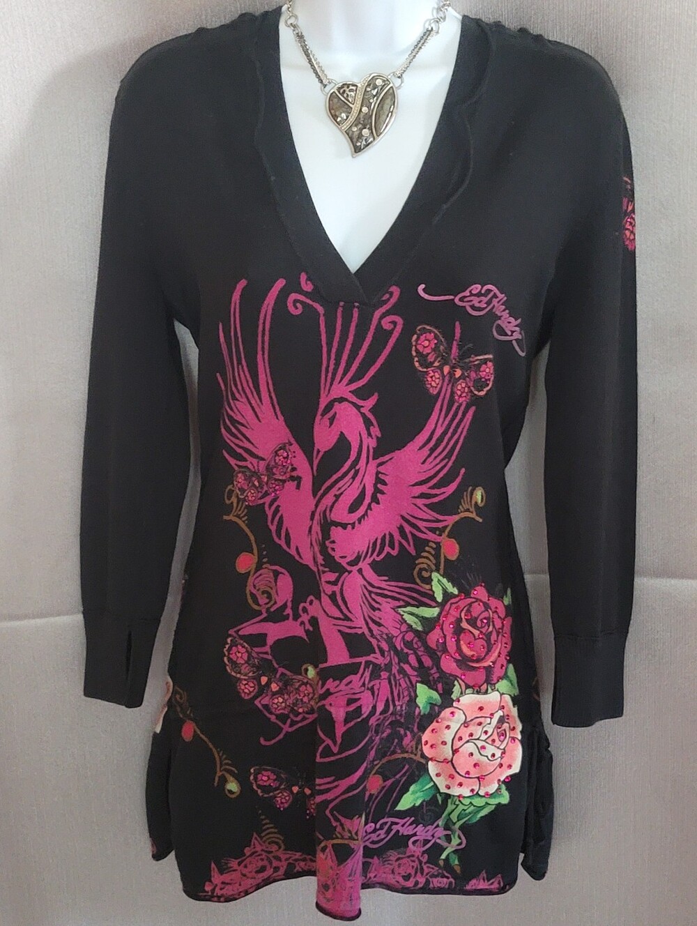 Black V-Neck Tunic with Pink Phoenix & Floral Print